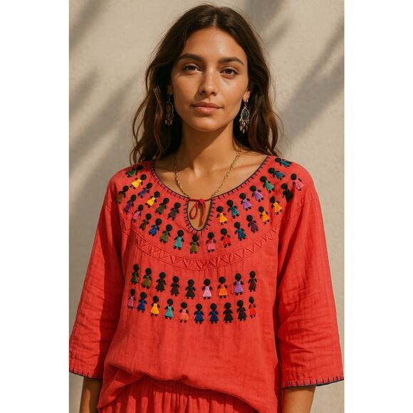 Mexican Folk Doll Embroidered Peasant Blouse Ethnic Authentic Salmon Pink Top L - Picture 1 of 11